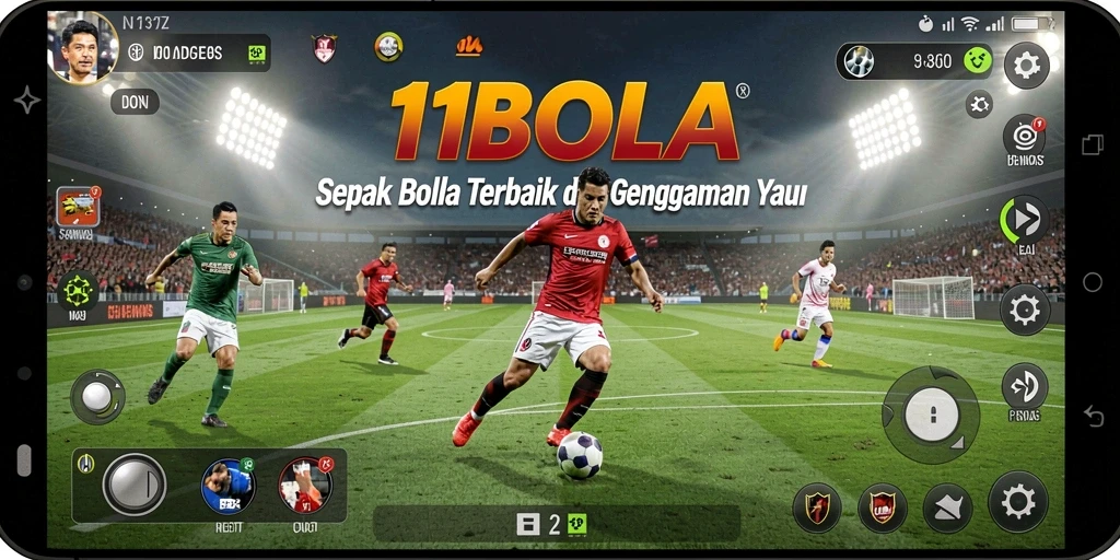 Screenshot gameplay 11BOLA menampilkan aksi seru di lapangan sepak bola.