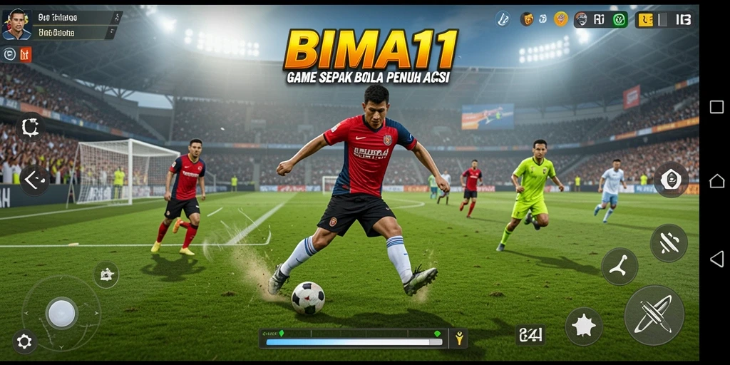 Tangkapan layar utama BIMA11 menampilkan aksion mendebarkan dalam permainan sepak bola.