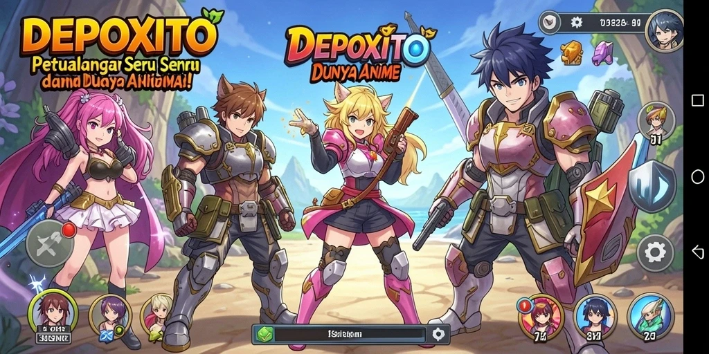 Screenshot gameplay DEPOXITO menampilkan karakter anime yang heroik.