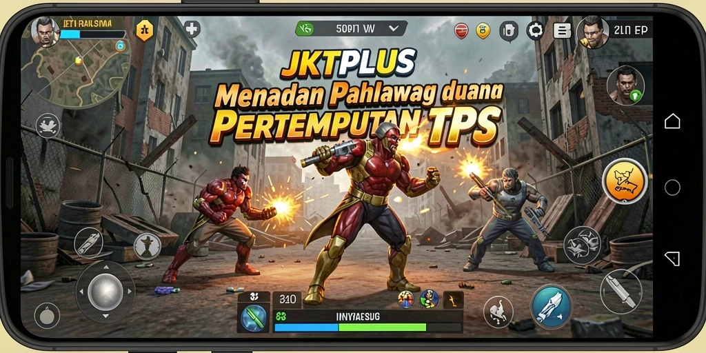 Screenshot gameplay JKTPLUS menampilkan pertempuran seru di arena TPS.