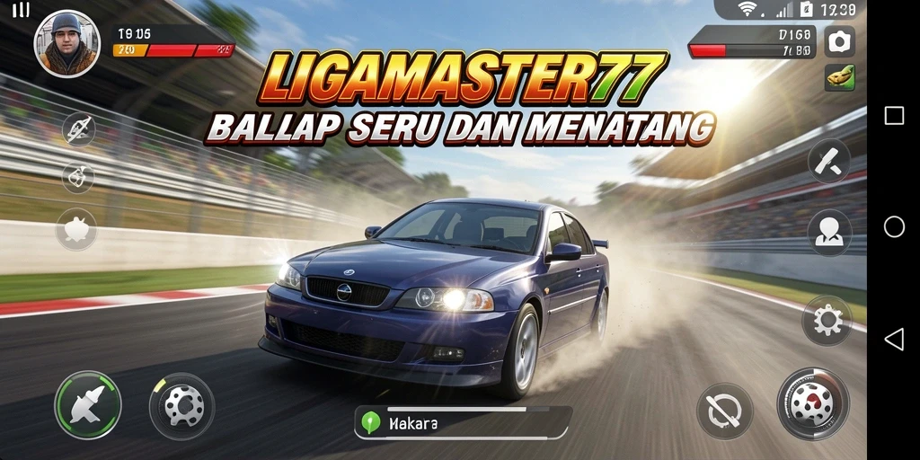 Screenshot utama LIGAMASTER77 menunjukkan mobil balap melaju kencang di lintasan berliku.