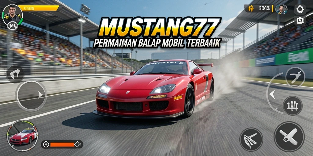 Tangkapan layar gameplay <strong>MUSTANG77</strong> menampilkan aksi balap yang mendebarkan.