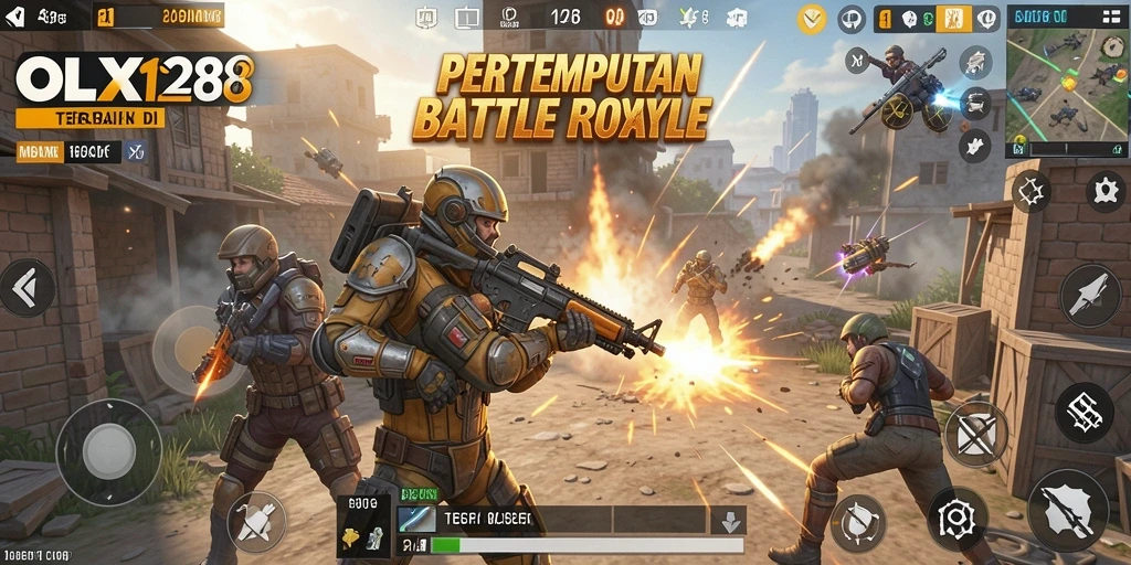 Screenshot OLX128 menampilkan aksi seru dalam pertempuran Battle Royale.