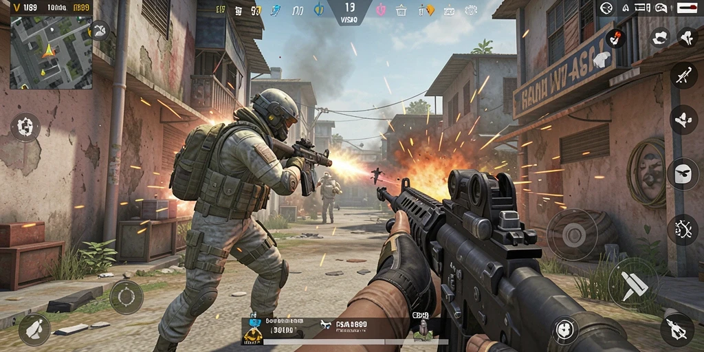 Screenshot gameplay intens dari VISA89 dengan aksi menembak seru.